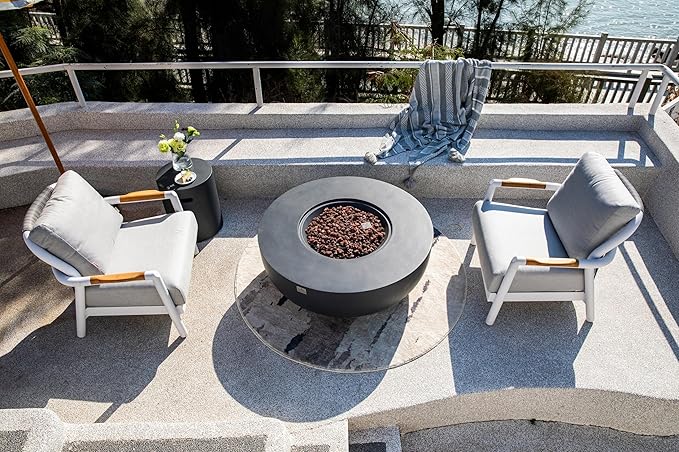 AMS Creations | Eclipse 44" Round Cast Concrete Natural Gas Fire Pit Bowl Table | Dark Gray | Smooth Texture Surface | Electronic Ignition | Outdoor Patio Heater Outside Backyard Fireplace
