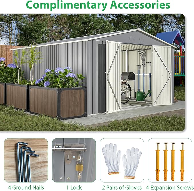 11x13ft Outdoor Metal Storage Shed,Steel Utility Tool Shed Storage House with Double Lockable Doors & Air Vent for Backyard Garden Patio Lawn Gray