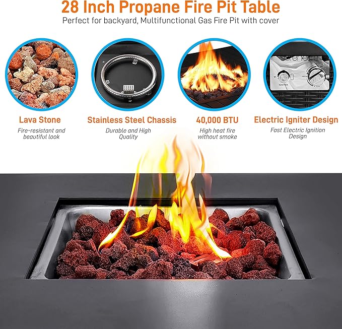 Outdoor Propane Fire Pit Table - CSA Approved Safe 40,000 BTU Pulse Ignition Propane Gas Fire Table - Steel Tabletop, Rattan-Look Steel Panel, 6.6 Lbs Decorative lave Rock Set - SereneLife SLFPS3