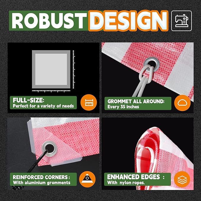 RAINDEWAY Tarps 8x10 Feet,12 Mil Sunshade Striped Tarp Waterproof,Multipurpose Poly Tarp Cover with Grommets and Reinforced Edges,Red/White Tarps
