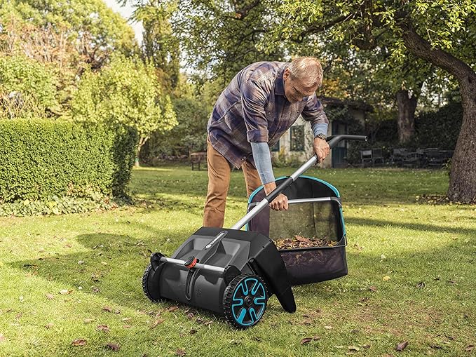 GARDENA (03565) Lawn and Leaf Collector, Durable and Easy to Manuever Push Lawn and Leaf Sweeper with Large Capacity 3.2 cu. ft. Mesh Collection Hopper Bag, 5 Year Warranty