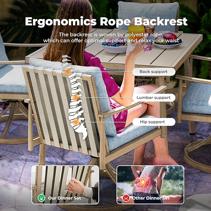 HAPPATIO Outdoor Dining Set 5 PCS, Aluminum Patio Dining Set Includes 1 Large Square Table with Umbrella Hole & 4 Swivel Dining Chairs, Patio Furniture Set for Lawn, Porch, Backyard (Brown)