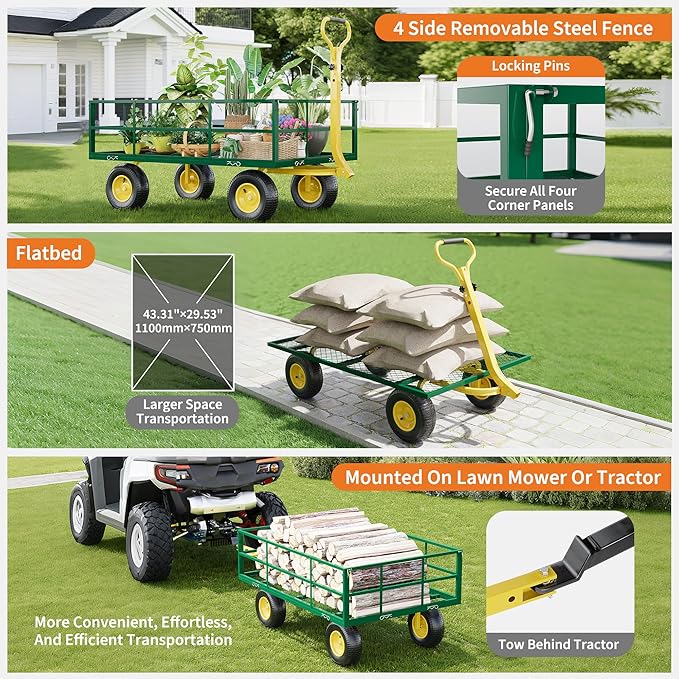 3-in-1 Heavy-Duty Steel Garden Cart, 1200 Lbs Garden Wagon, with 13 Inch All-Terrain Tires and Removable Mesh Side Panels, 180° Rotating Handle, Metal Multi-Function Carts, Outdoor Gardens Wagon Cart