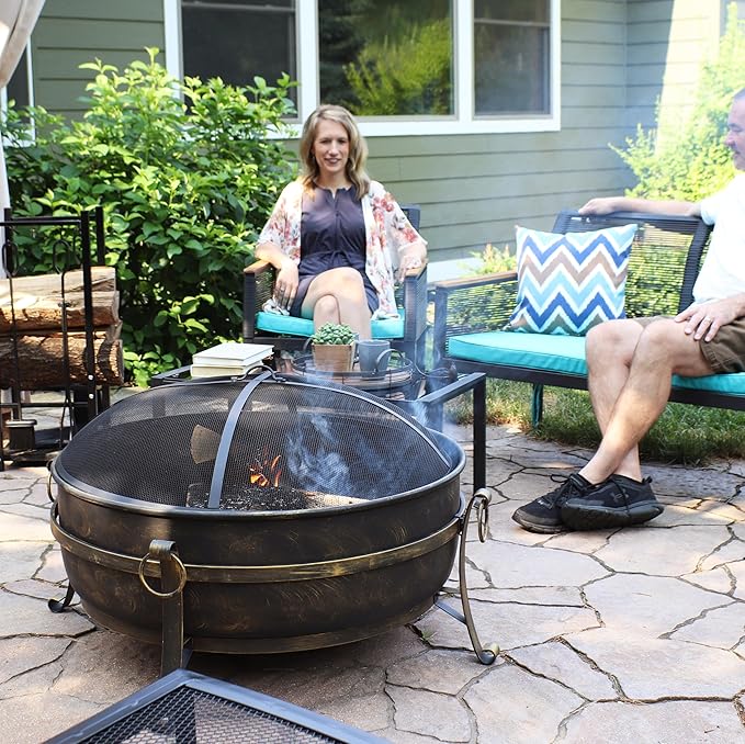 Sunnydaze 34-Inch Large Fire Pit for Outside - Wood-Burning Fire Pit Bowl for Outdoors with Spark Screen, Log Poker, and Grate