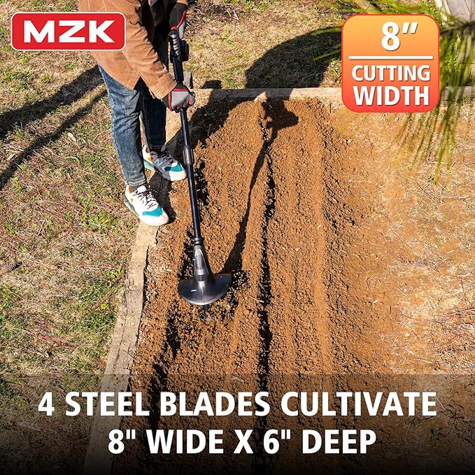 MZK 20V Cordless Tiller Cultivator with Steel Tines,8-inch Wide Battery Powered Garden Cultivator, 360RPM Electric Tiller for Lawn/Gardening/Soil Cultivation(2AH Battery&Charger Included),TC08D01