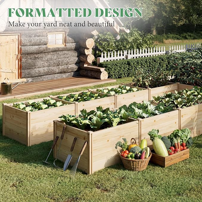 PaPaJet Wooden Raised Garden Bed for Outdoor, Nine Grid Deep Large Planter Box for Gardening, Vegetables, Flowers, Herbs(7.5× 11.9× 1.6FT)