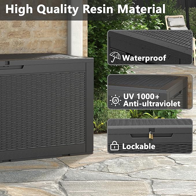 NUNU LAB 101 Gallon Resin Deck Box โ Large Lockable Outdoor Storage Box with Gas Lift, Waterproof Patio Storage for Cushions, Garden Tools, Pool Supplies, and More, Black