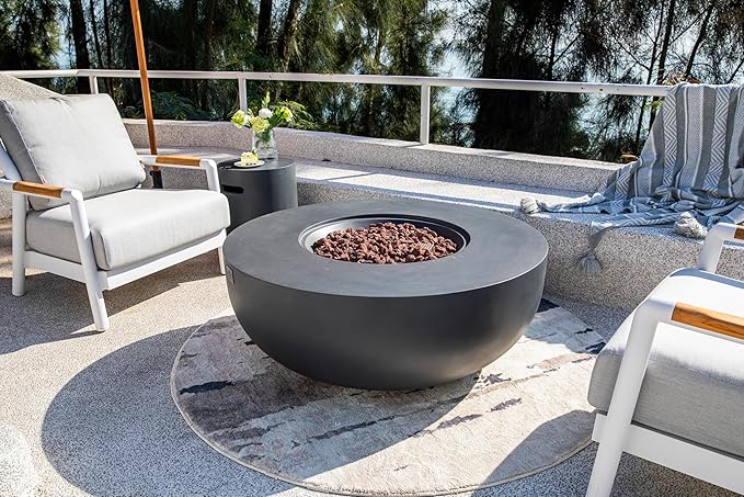 AMS Creations | Eclipse 44" Round Cast Concrete Natural Gas Fire Pit Bowl Table | Dark Gray | Smooth Texture Surface | Electronic Ignition | Outdoor Patio Heater Outside Backyard Fireplace