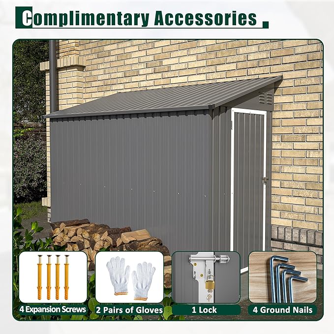 4x8 FT Metal Outdoor Storage Shed with Lockable Door and 2 Air Vents, Lean to Storage Shed, Garden Tool Storage Cabinet for Backyard Patio Lawn, Gray