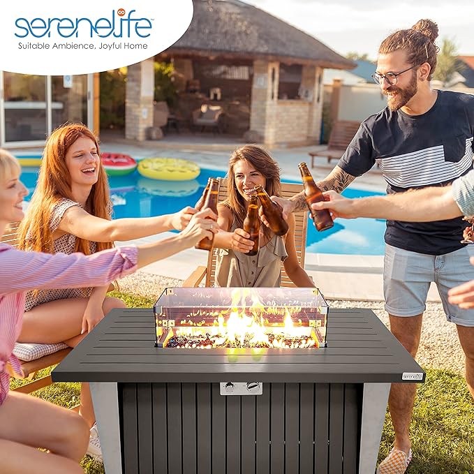 SereneLife 52 Inch Gas Fire Pit Table, 50,000 BTU Propane Pits for Outside with Steel Lid and Lava Rock, 2 in 1 Firepit Table Gatherings Parties on Patio Deck Garden Backyard