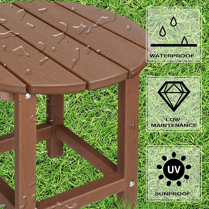 LZRS Round Adirondack Patio Side Table End Table, Outdoor Side Tables for Patio, Backyard,Pool, Indoor Companion, Easy Maintenance & Weather Resistant(Brown)