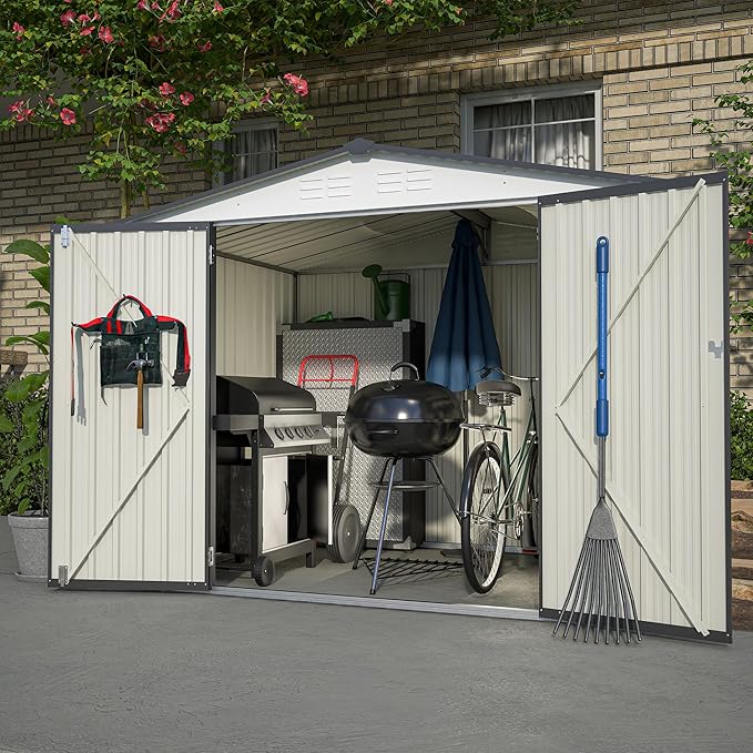 10X8 FT Outdoor Storage Shed, All Weather Metal Sheds with Lockable Doors, Tool Shed for Garden, Patio, Backyard, Lawn (White, 8x6 ft)