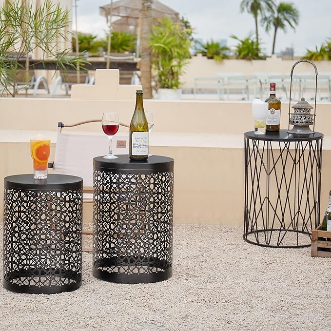 HFHOME Set of 3 Metal Side End Tables Nightstand, Nesting Round Coffee Table for Indoor Outdoor, Heavy Duty Metal Plant Stand Living Room Garden Stool - Black