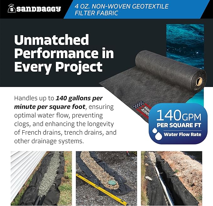 Heavy-Duty Sandbaggy Non-Woven Geotextile Landscape Fabric Roll, Made in USA, Lightweight Weed Barrier, UV Protected, 100 Lb Tensile Strength, French Drain, Erosion Control (4 ft x 360 ft Roll)