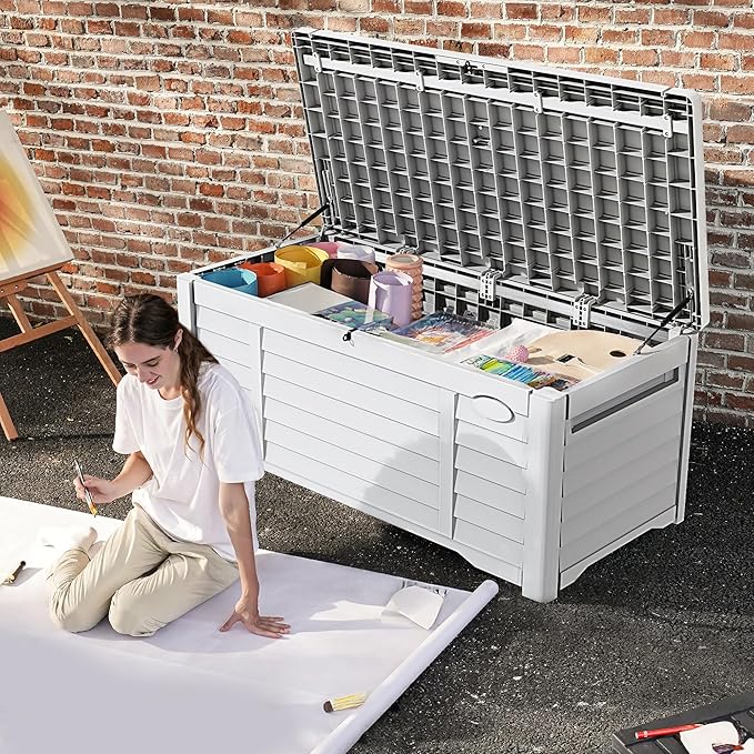 DWVO Large Deck Box 120 Gallon Waterproof Outdoor Storage Box, Extra Large Outdoor Bin, Resin Louvered Patio Storage for Indoor Pillows, Garden Tools & Pool Supplies, Lockable, White