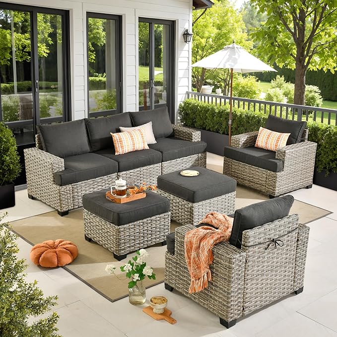 HOOOWOOO Outdoor Sectional Patio Furniture Set,7 Pieces Wicker Conversation Sets,Extra Deep Out Door Sofa Outside Furniture Couch with Ottoman,Charcoal Gray