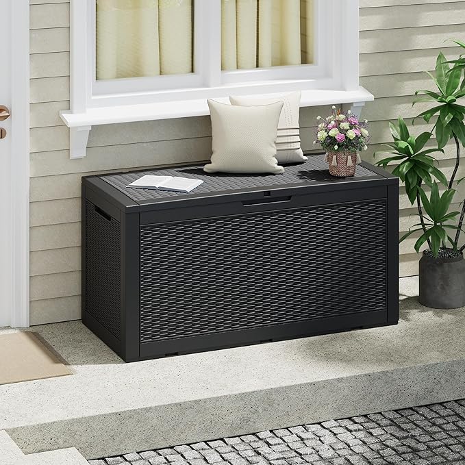 NUNU LAB 101 Gallon Resin Deck Box โ Large Lockable Outdoor Storage Box with Gas Lift, Waterproof Patio Storage for Cushions, Garden Tools, Pool Supplies, and More, Black