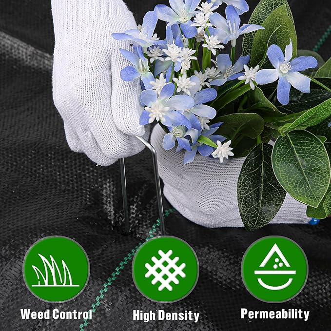 1.3FT x 50FT Weed Barrier Landscape Fabric Heavy Duty, 3.2oz Premium Gardening Weed Control Mat with 10 U-Shaped Securing Pegs, Ground Cover for Garden Beds, Farming, Underlayment, Commercial Driveway