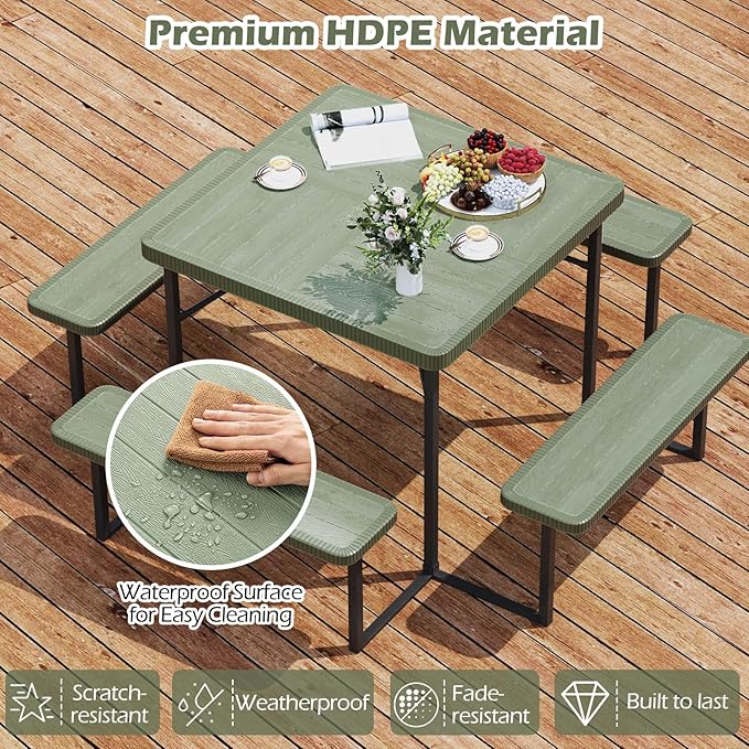 Tangkula 8 Person Picnic Table, HDPE Outdoor Square Table and Bench Set with 4 Built-in Benches, Umbrella Hole, Metal Frame for Garden Yard Patio Lawn