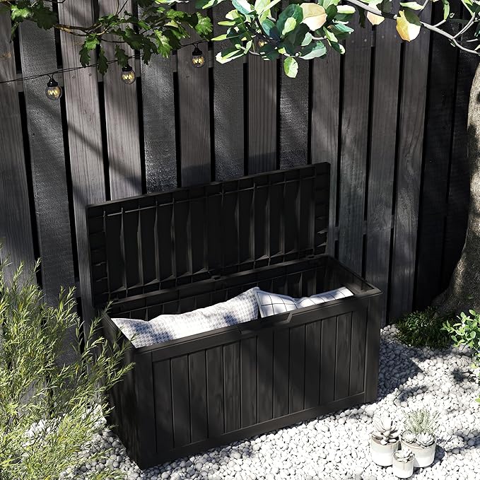 80GAL Black Resin Deck Box - Large Waterproof Storage for Patio Furniture, Pool Floats & Garden Supplies - Lockable, UV-Resistant for Backyards, Pool Decks