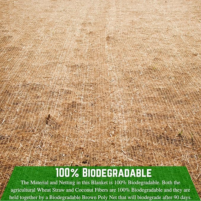 Farm Plastic Supply 100% Biodegradable Erosion Control Blanket - Straw/Coconut Straw Garden and Landscape Cover, Straw Blanket, Erosion Control (2' x 112.5')