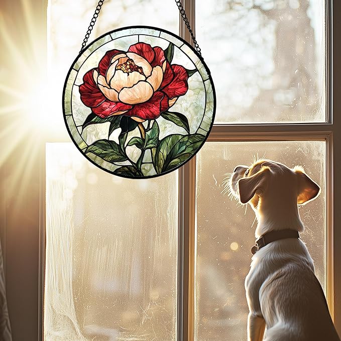 Stained Glass Window Hanging - Peony Suncatcher for Door Garden Home Decor Pink Birth Flower Sun Catcher Christmas Birthday for Friend Lovers Women Mom Nana 11.8 in