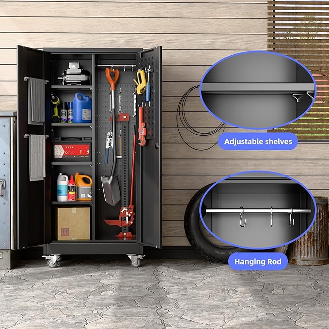 61.7" H Metal Garage Storage Cabinet with Wheels and Hanging Rod,Broom Closet Storage Cabinet with Pegboard and 4 Adjustable Shelves with 120LBS for Garage Home Office School,Required Assembly,Black