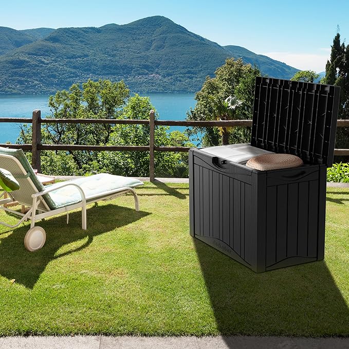 50 Gallon Waterproof Large Resin Deck Box Indoor/Outdoor Lockable Storage Container and Seating for Garden, Pool, and Patio (50 Gallon,Black)