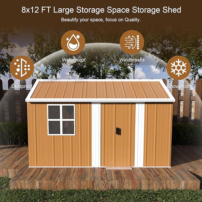 KEIKI 12FT x 8FT Heavy-Duty Metal Storage Shed, Outdoor Storage Shed with Floor & Window and Lockable Doors, Weatherproof Outdoor Garden Shed for Garden, Backyard, Patio, Lawn