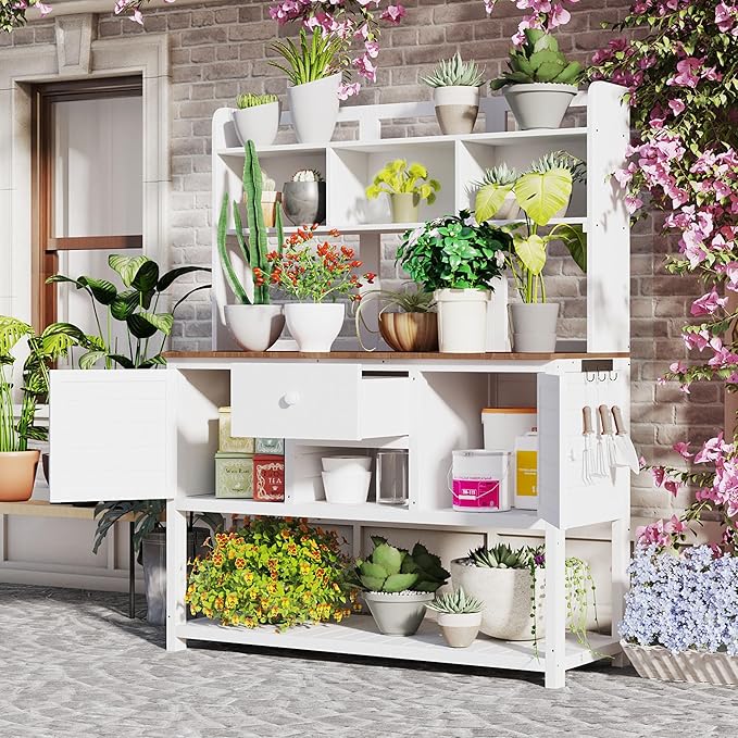 Outdoor Wooden Potting Bench Table β Farmhouse Garden Workstation with Drawers, Cabinet & Storage Shelves, Large Fir Wood Work Table for Patio, Backyard, Mudroom, Greenhouse (White & Brown, 66'' H)