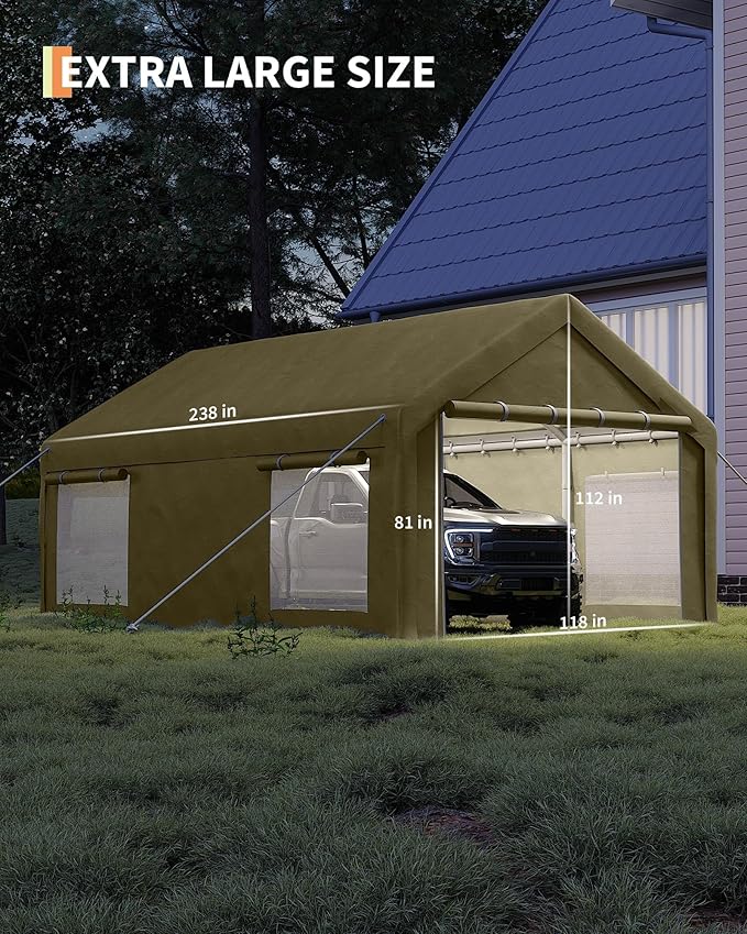 10X20 Ft Carport, Heavy Duty Portable Garage with Roll-Up Doors & 4 Windows,200g PE Tarp Waterproof & UV Protected,All-Weather Design,for Car, Boat, Truck, Motorcycle, ATVs, and SUV