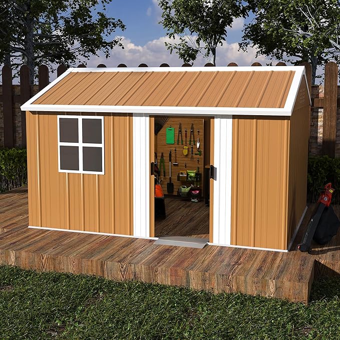 KEIKI 12FT x 8FT Heavy-Duty Metal Storage Shed, Outdoor Storage Shed with Floor & Window and Lockable Doors, Weatherproof Outdoor Garden Shed for Garden, Backyard, Patio, Lawn