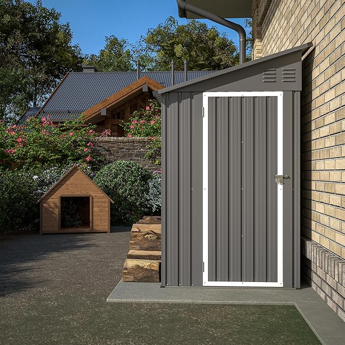 4×8 FT Outdoor Metal Storage Shed,Heavy-Duty Lean to Storage Shed with Floor Base,Garden Tool Metal Storage House W/Lockable Door and 2 Air Vents,Weather Resistant,for Backyard,Patio,Lawn,Gray