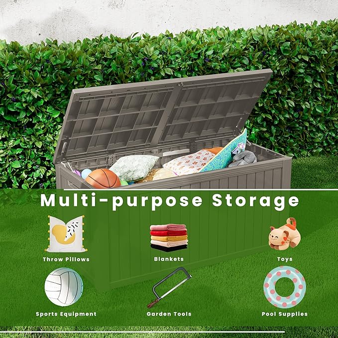 200 Gallon Waterproof Large Resin Deck Box Indoor/Outdoor Lockable Storage Container and Seating for Garden, Pool, and Patio (200 Gallon, Grey)
