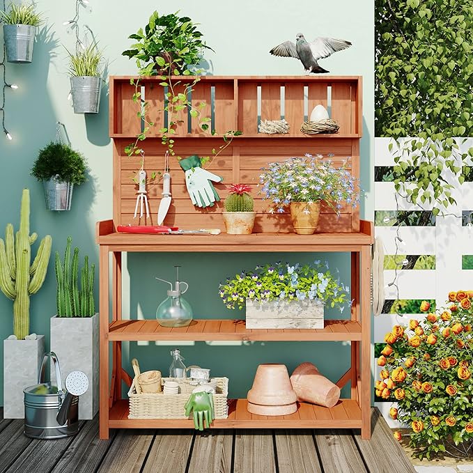 Outdoor Wooden Potting Bench Table β Farmhouse Garden Workstation with Drawers, Cabinet & Storage Shelves, Large Fir Wood Work Table for Patio, Backyard, Mudroom, Greenhouse (Natural, 65'' H)