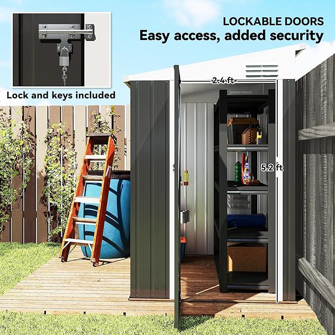 Outsunny 4' x 6' Metal Outdoor Storage Shed, Lean to Storage Shed, Garden Tool Storage House with Lockable Door and 2 Air Vents for Backyard, Patio, Lawn, Dark Gray