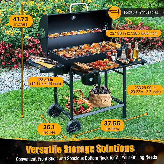 Charcoal BBQ Grills Outdoor: Spacious Barrel Barbecue Grill with Side Front Table - Premium BBQ Smoker Combo for Backyard Cooking Patio Grilling Tailgating Party Camping Picnic
