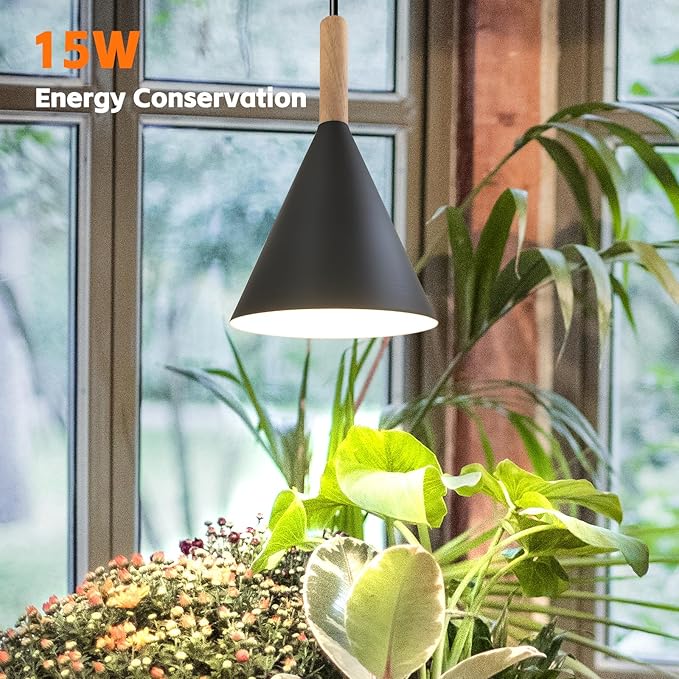 Hanging Grow Lights for Indoor Plants,Pendant Plant Lights for Indoor Growing,15W Full Spectrum, with Timer and 15FT Power Cord, Hanging Grow Light,Large Tall Plant Greenhouse (Black)