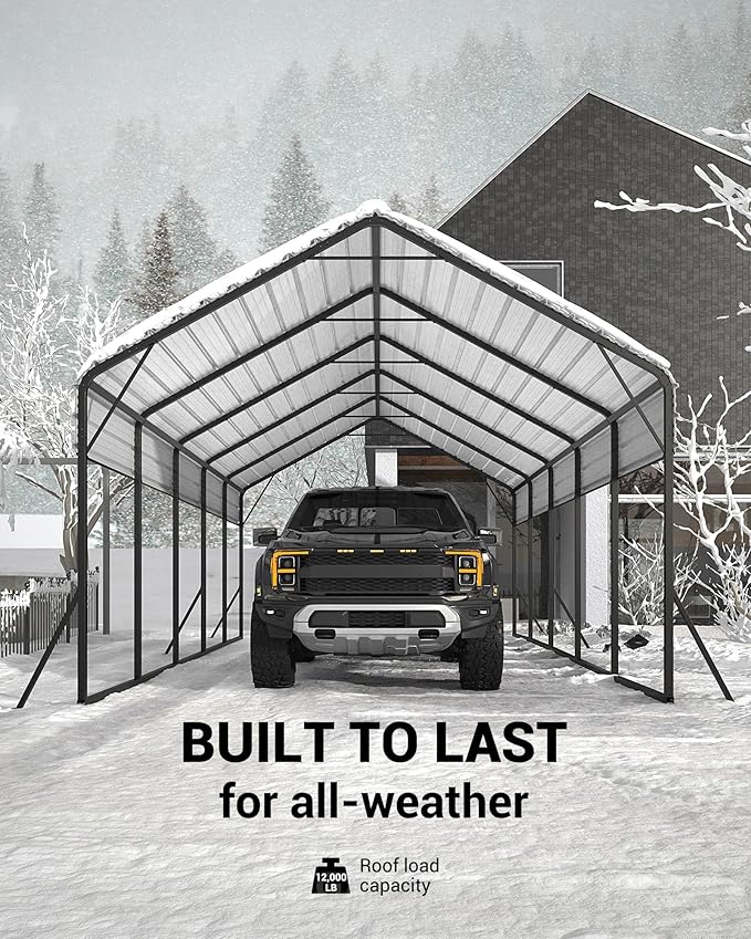 13x26x10 FT Metal Carport with Reinforced Frame, Galvanized Steel Roof & Enhanced Base Heavy Duty Car Ports for All-Weather Car Garage Shelter for Car, Truck, Pickup, SUV, Tractor, and Boat