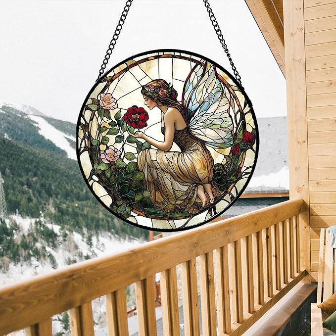 Stained Glass Window Hanging - Butterfly Flower Fairy Suncatcher for Door Terrace Garden Home Decor Yellow Green Plants Sun Catcher Birthday Gifts for Lovers Women Men Dad Mom Nana 11.8 in