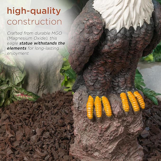 Alpine Corporation JUM582 27" Majestic Eagle on Rocks Garden Statue – Indoor Outdoor Patriotic Bird Sculpture, Durable Weather-Resistant MGO for Yard, Patio, Deck, Porch or Pathway