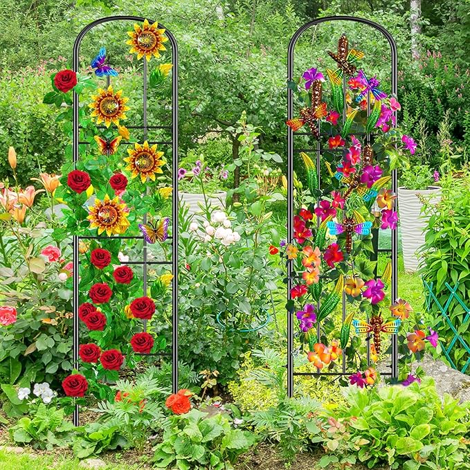 2 Pack Garden Trellis for Climbing Plants Outdoor, Metal Arched Fence Trellis Plant Climbing Support Decorative, Plant Trellis Indoor for Vines Flowers Vegetables Wall Brackets, 60" x 11"