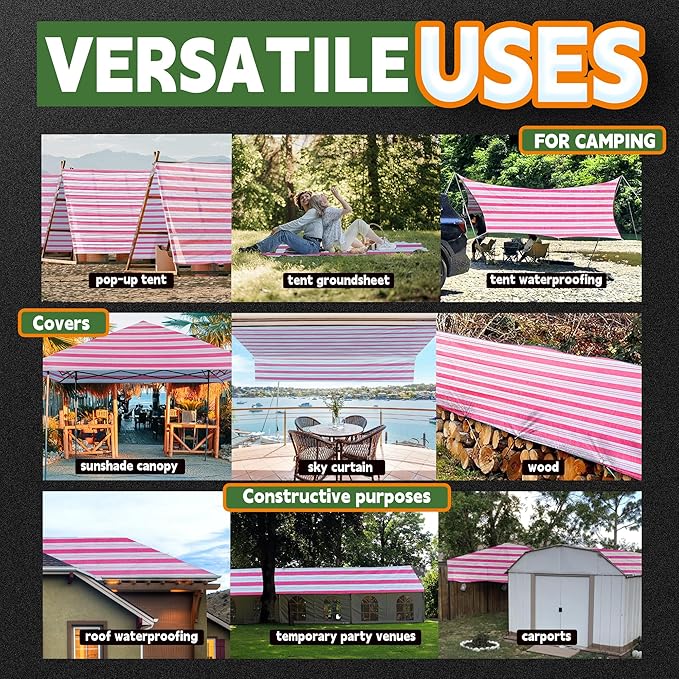 RAINDEWAY Tarps 6x16 Feet,12 Mil Sunshade Striped Tarp Waterproof,Multipurpose Poly Tarp Cover with Grommets and Reinforced Edges,Red/White Tarps