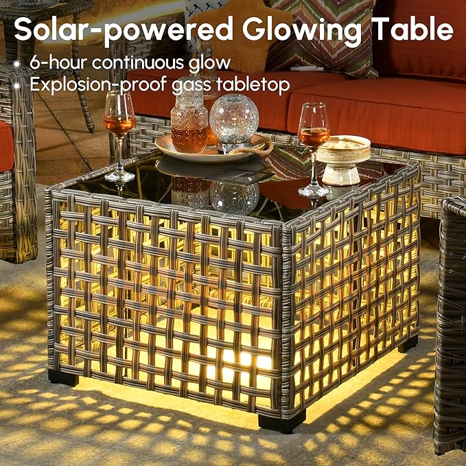 5 Pieces Patio Outdoor Furniture Set with Swivel Rocking Chairs,All Weather Wicker Rattan Patio Seating Sofa and Chair Set w/Glowing Table,Outdoor Conversation Sets for Deck Yard Garden,Orange Red