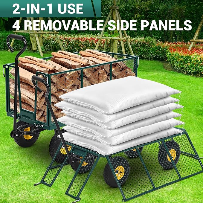 Heavy Duty Steel Garden Cart, 1100LBS Pullable Metal Garden Wagon with 10" Wheels, 180° Rotating Handle and Removable Sides for Outdoor, Farm, Yard, Beach 