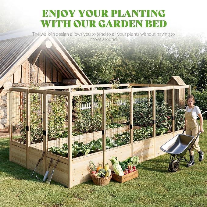 PaPaJet Wooden Raised Garden Bed for Outdoor, Eleven Grid Deep Large Planter Box with Netting for Gardening, Vegetables, Flowers, Herbs(7.5× 14.8× 5.9FT)