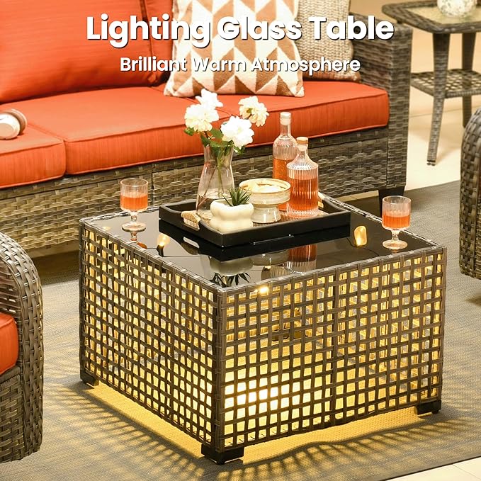 ovios 10 Pieces Patio Furniture Set, Outdoor Wicker Sofa Couch with Rocking Swivel Chairs Solar Lights Table Fire Pit, Modern Deep Seat Rattan Conversation Sets, Orange Red