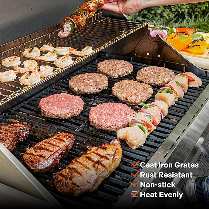 Monument Grills Larger 4+2 Burner Propane Gas Grills Stainless Steel Cabinet Style with Clearview® Lid, Knob Controls, Built-In Thermometer, Infrared Side Sear Burners & Side Burners, Blue