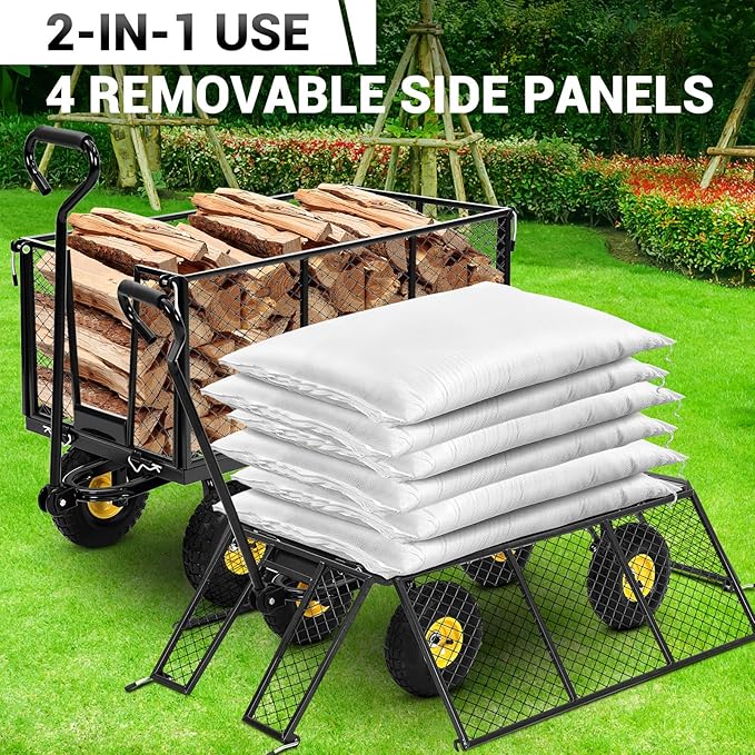 Heavy Duty Steel Garden Cart, 1100LBS Pullable Metal Garden Wagon with 10" Wheels, 180° Rotating Handle and Removable Sides for Outdoor, Farm, Yard, Beach 