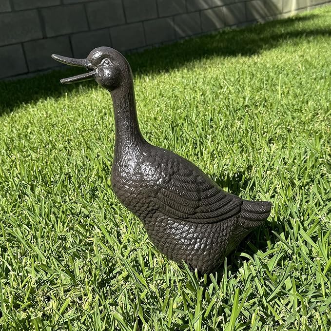 Cast Iron Duck Statue(15.7" Tall) - Heavy Duty Outdoor/Indoor Decor, Rust Brown Garden Art with Lifelike Feather Detailing, Weatherproof Bird Sculpture for Patio, Lawn & Home HC5387